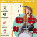 Batteria Musicale Giocattolo per Bambini Grancassa 4 Tamburi e Piatti con Bacchette e Sgabello Rosso  -5