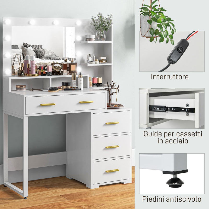 Tavolo da Trucco in Legno 100x40x138 cm con 4 Cassetti 6 Ripiani Aperti e Specchio Bianco-6