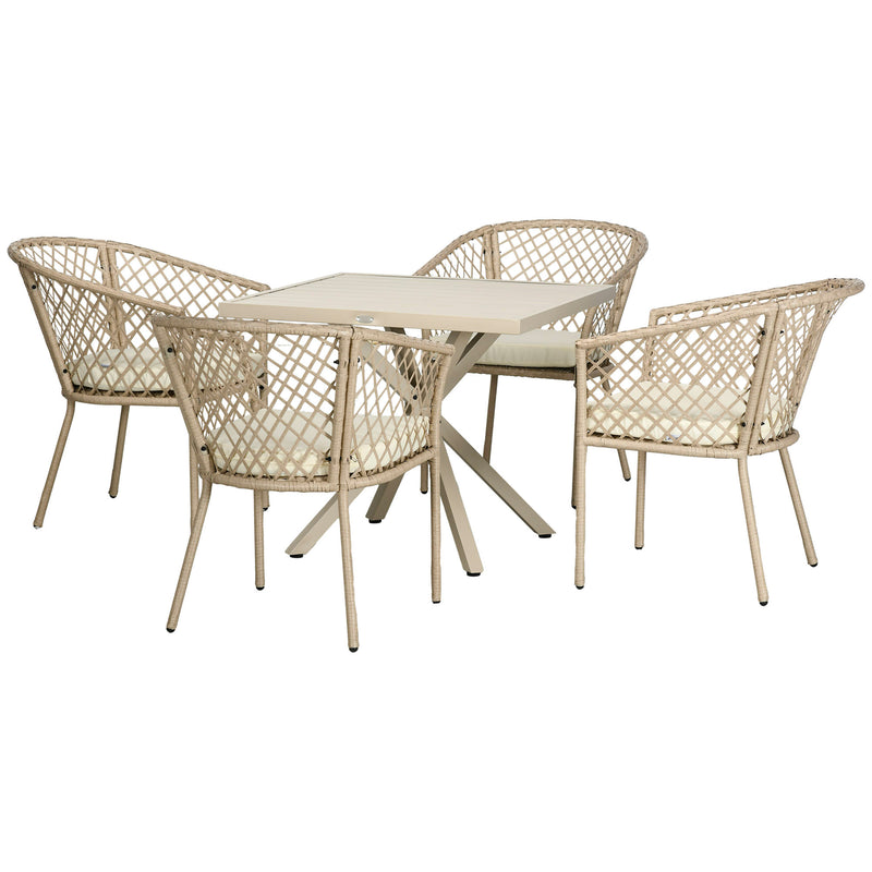 Set Tavolo e 4 Poltrone da Giardino con Cuscini in Acciaio e Rattan PE Khaki-1