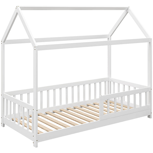 Letto Singolo per Bambini Casetta 96x195x165 cm con Doghe e Recinzione in Legno di Pino Bianco sconto