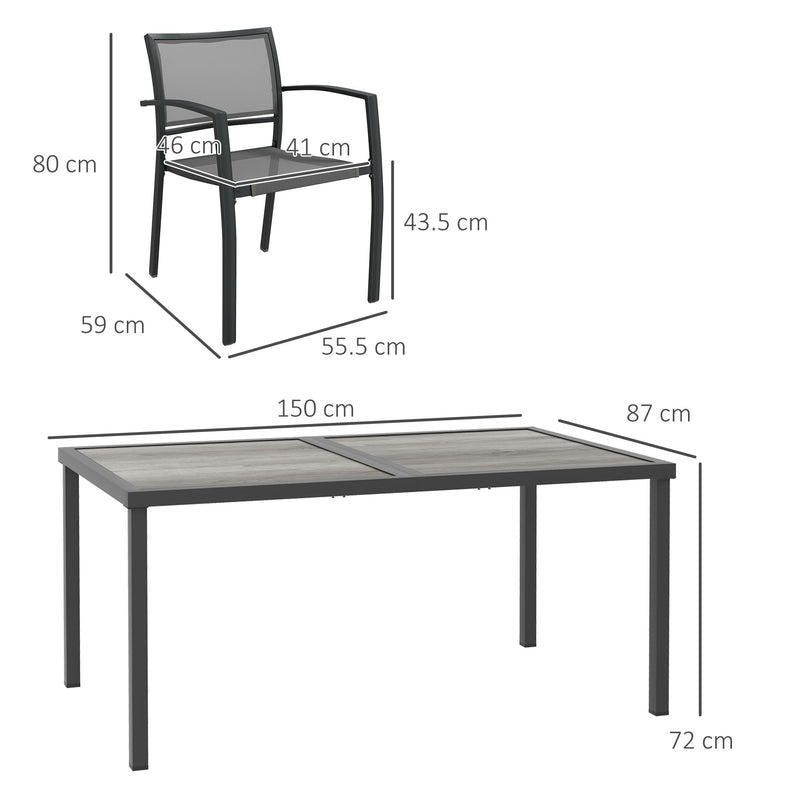 Set Tavolo e 6 Sedie Impilabili da Giardino in Tessuto a Rete e Tavolo Effetto Legno Grigio-3