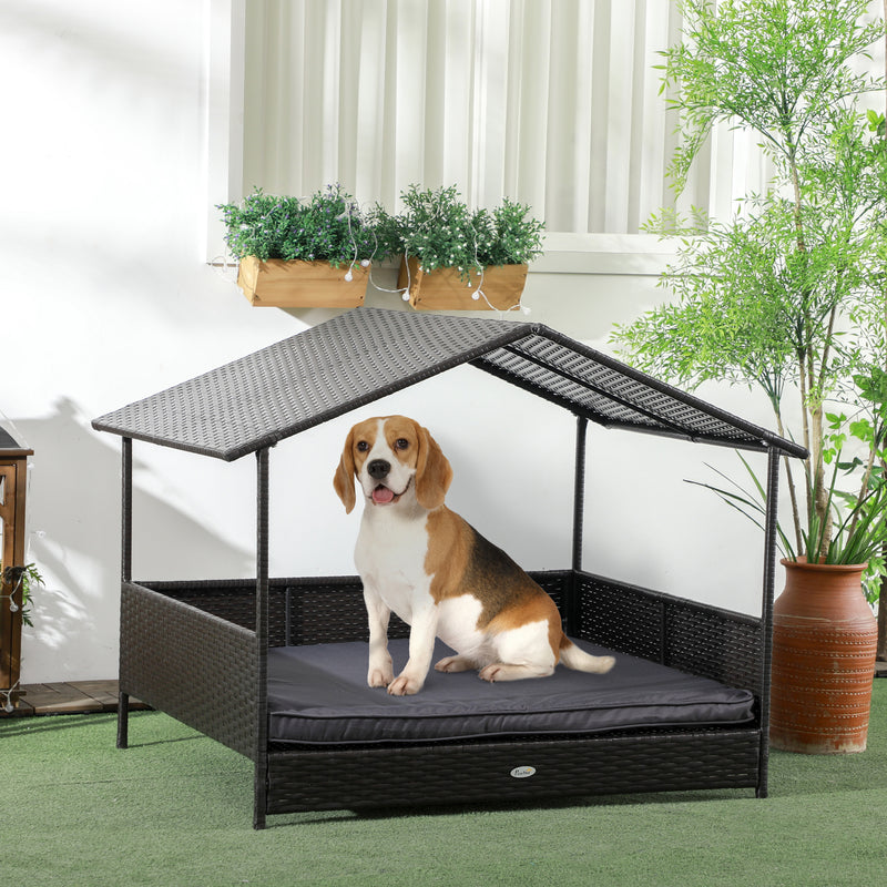 Casetta per Cani Rialzata con Cuscino Sfoderabile 117x85x89 cm in Rattan PE e Acciaio Grigio e Marrone-2