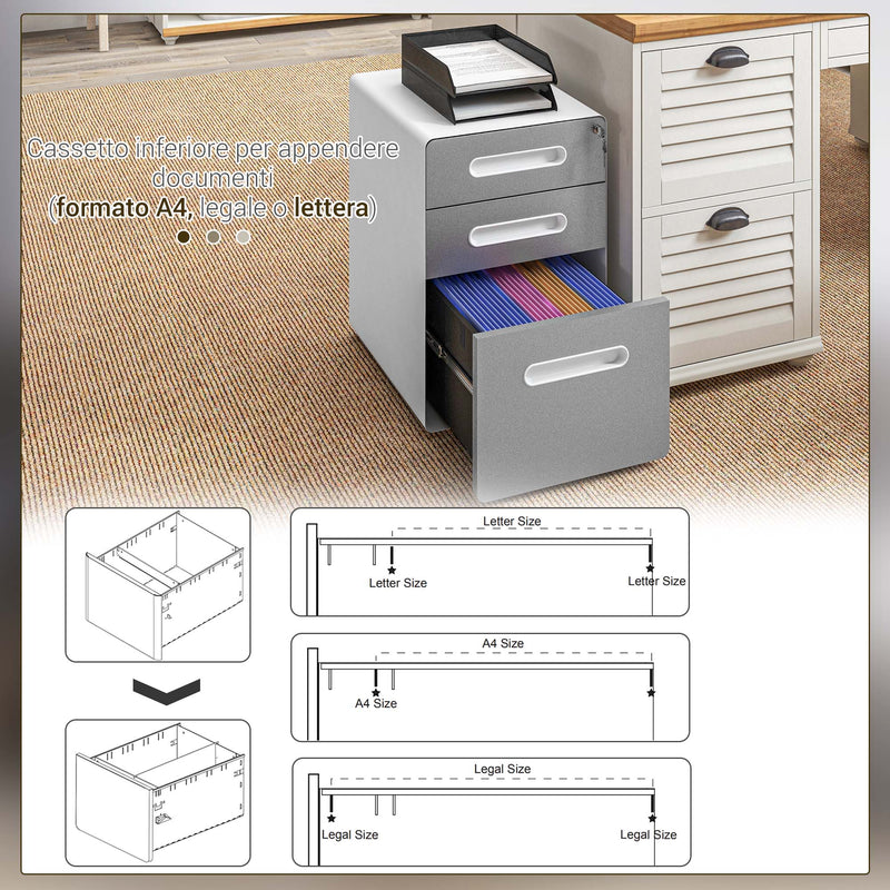 Cassettiera da Ufficio 3 Cassetti con Serratura Portadocumenti Formato A4 in Acciaio Grigio Chiaro  -6