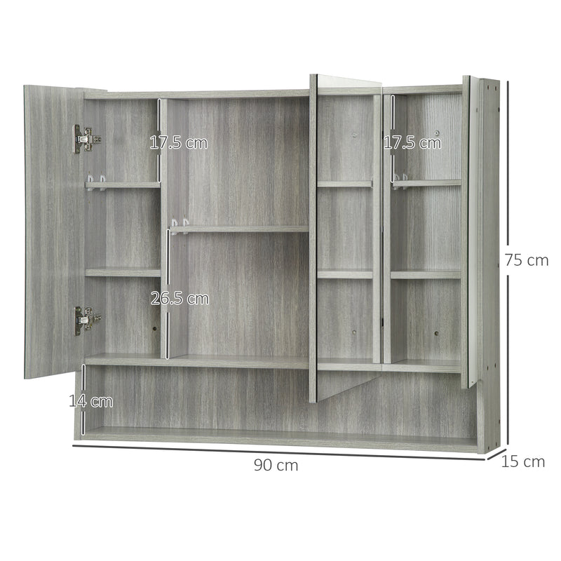 Armadietto a Specchio per Bagno con Ripiani Regolabili 3 Porte e Mensola 90x15x75 cm Grigio   -3