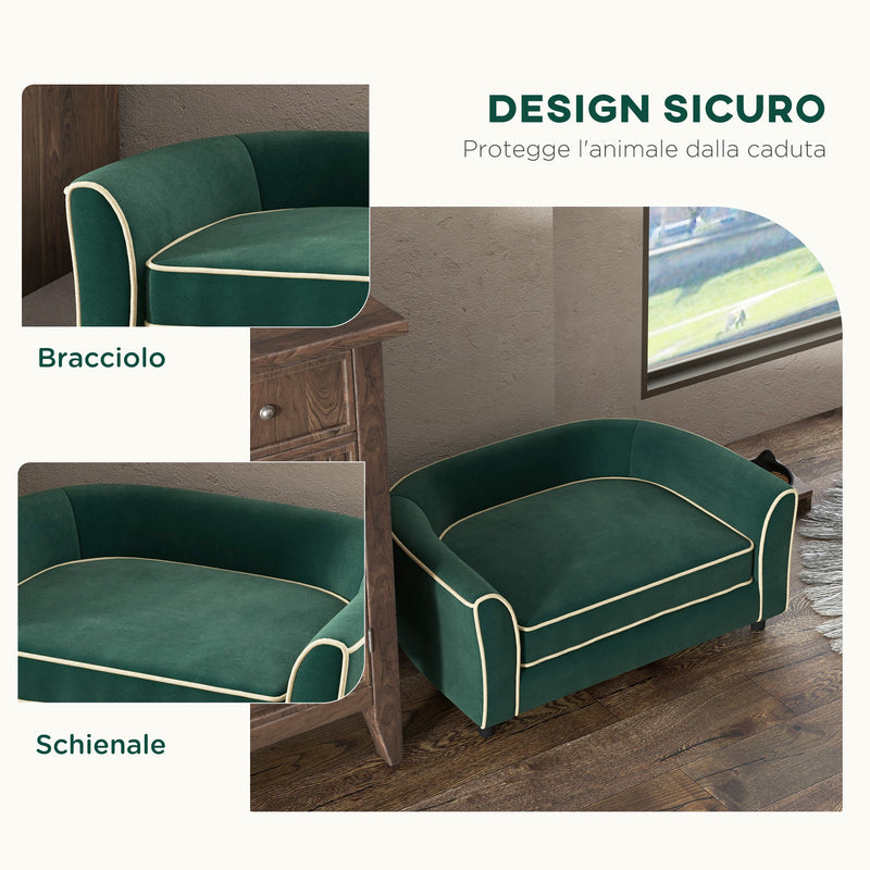 Cuccia Divano per Cani Taglia Piccola e Media con Cuscino 79x56x35 cm in Velluto Verde Scuro -7