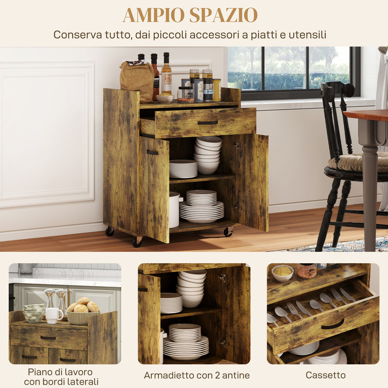 Carrello Isola da Cucina Armadietto con Ruote 60x40x77cm Marrone Rustico   -4