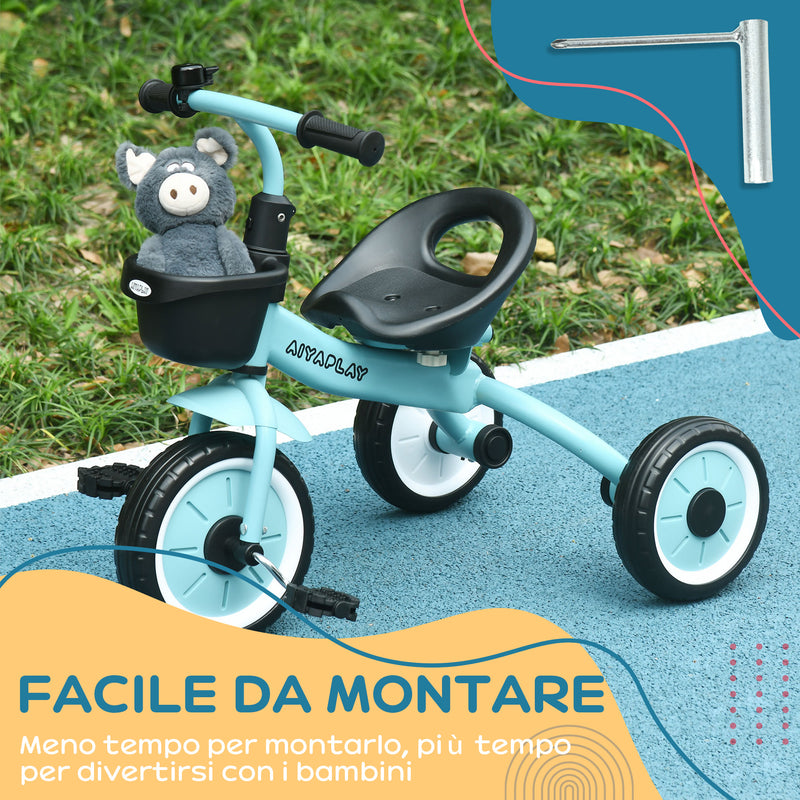 Triciclo per Bambini 70,5x50x58 cm con Seduta Regolabile e Campanello Blu  -7