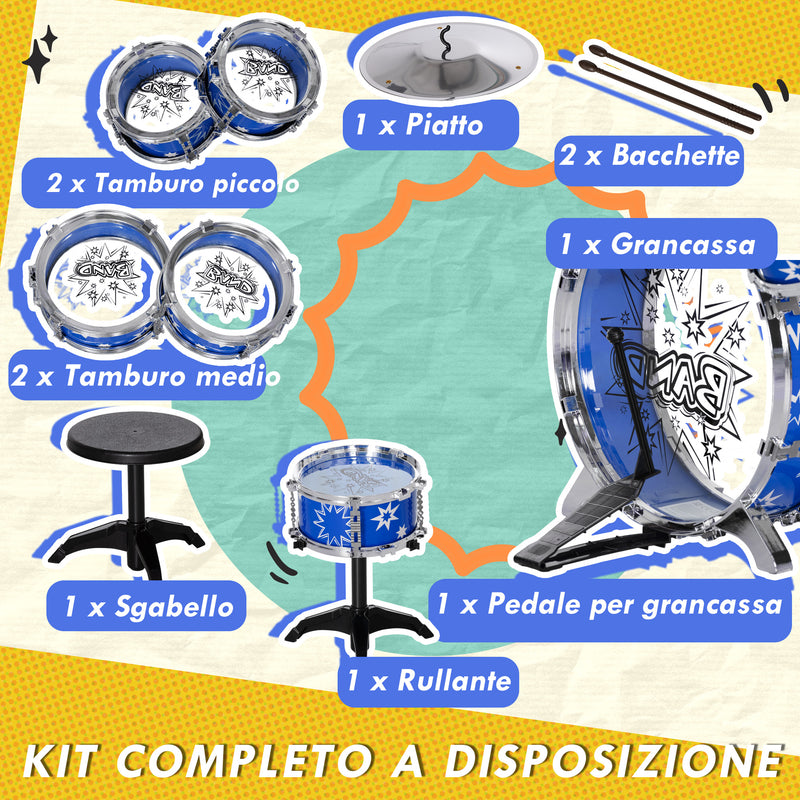 Batteria Musicale Giocattolo per Bambini Grancassa 5 Tamburi e Piatti con Bacchette e Sgabello Blu  -5