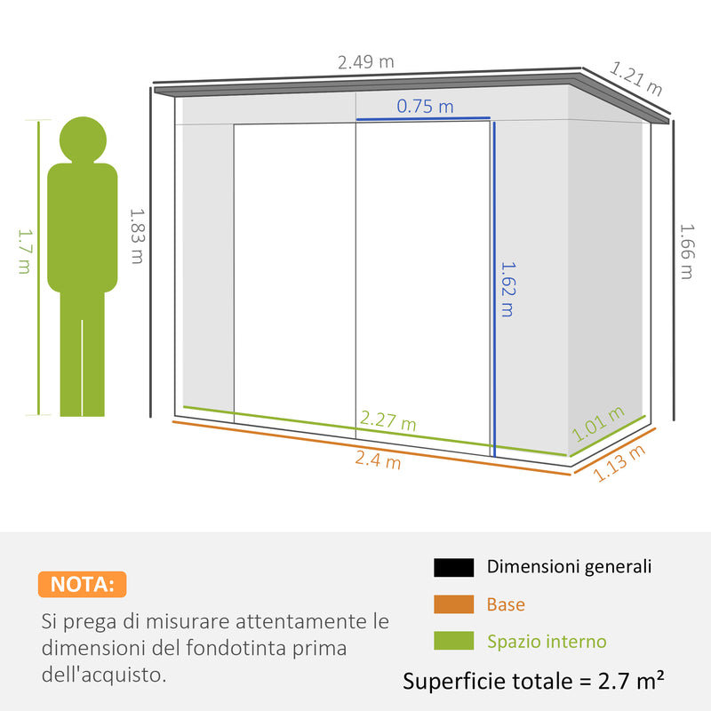 Capanno Porta Attrezzi con Ripiani Regolabili e Chiavistello 249x121x183 cm in Acciaio Zincato Grigio-3