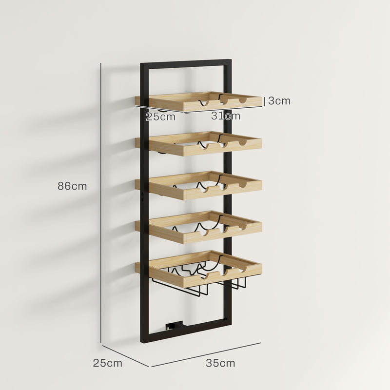 Portabottiglie da Parete per 15 Bottiglie e 4 Calici 35x25x86cm in Legno e Acciaio -3