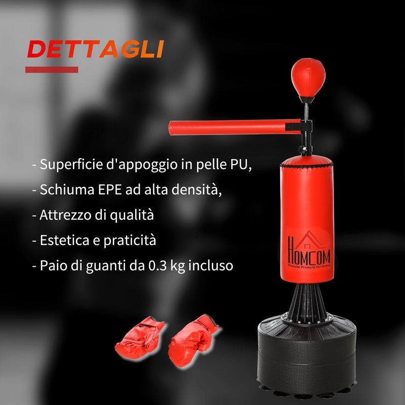 Sacco da Boxe ad Altezza Regolabile 88x48x155-205 cm con Punching Ball e Base Riempibile Rosso e Nero-4