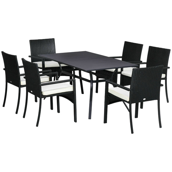 Set Tavolo e 6 Sedie da Giardino con Cuscini in Acciaio Rattan PE Nero e Beige sconto