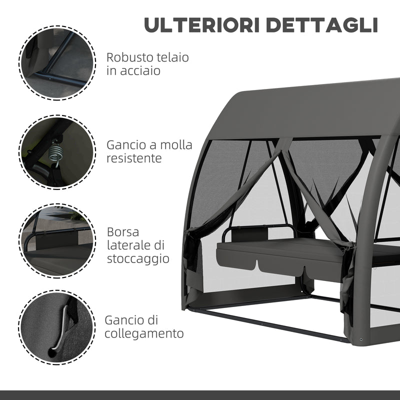 Dondolo da Giardino 2 in 1 Convertibile in Letto 240x140x197 cm con Cuscini e Zanzariera Grigio-7