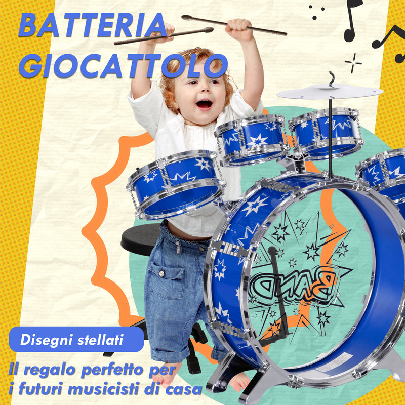 Batteria Musicale Giocattolo per Bambini Grancassa 5 Tamburi e Piatti con Bacchette e Sgabello Blu  -6