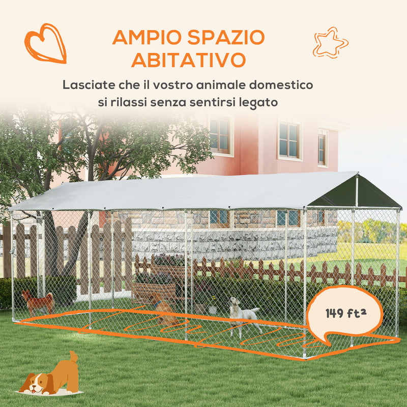 Kennel per Cani da Esterno 6x2,3x2,3m con Tetto Impermeabile in Tessuto Oxford e Acciaio Argento-5