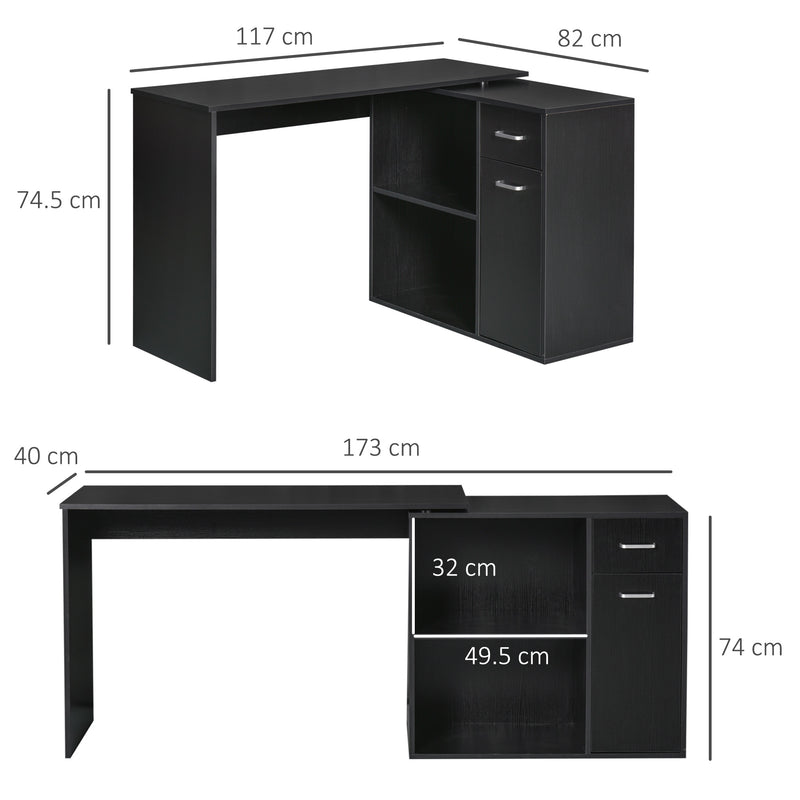 Scrivania Angolare da Ufficio 2 Cassetti e 2 Ripiani 117x82x74 cm in Legno Nero -3