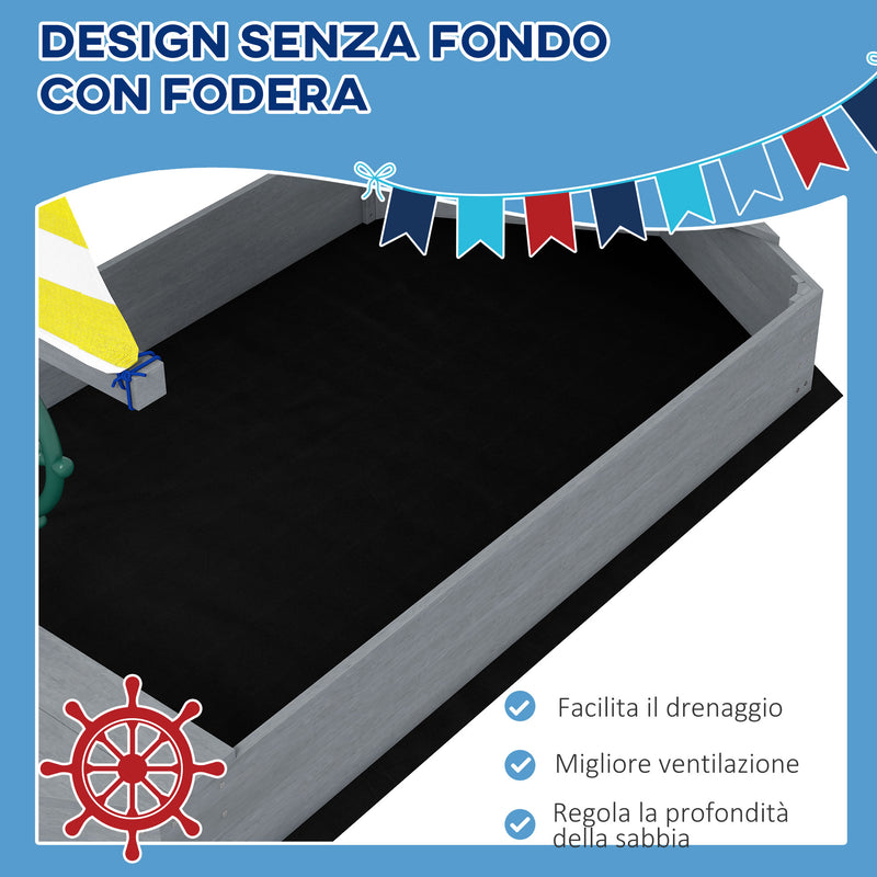 Sabbiera per Bambini 3-8 Anni a forma di Barca 190x90x138 cm in Legno di Abete e Poliestere-5