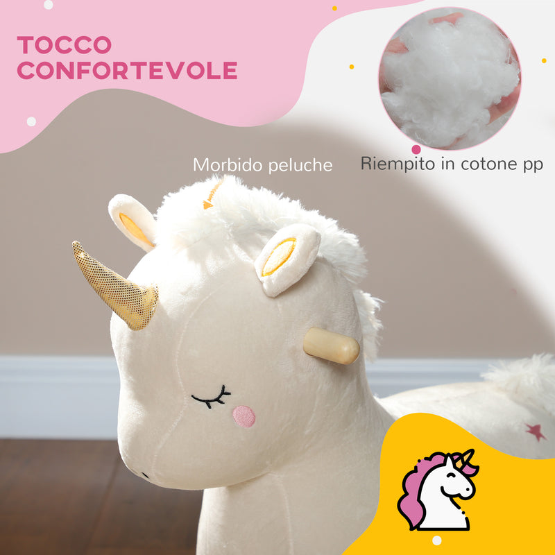 Cavallo a Dondolo per Bambini in Legno e Peluche Unicorno Bianco  -7