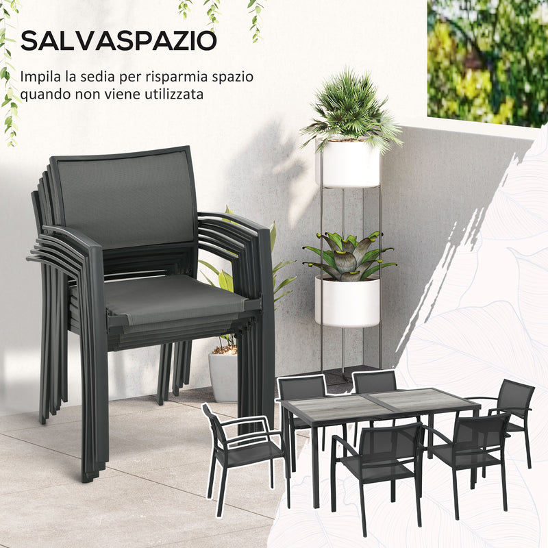 Set Tavolo e 6 Sedie Impilabili da Giardino in Tessuto a Rete e Tavolo Effetto Legno Grigio-4