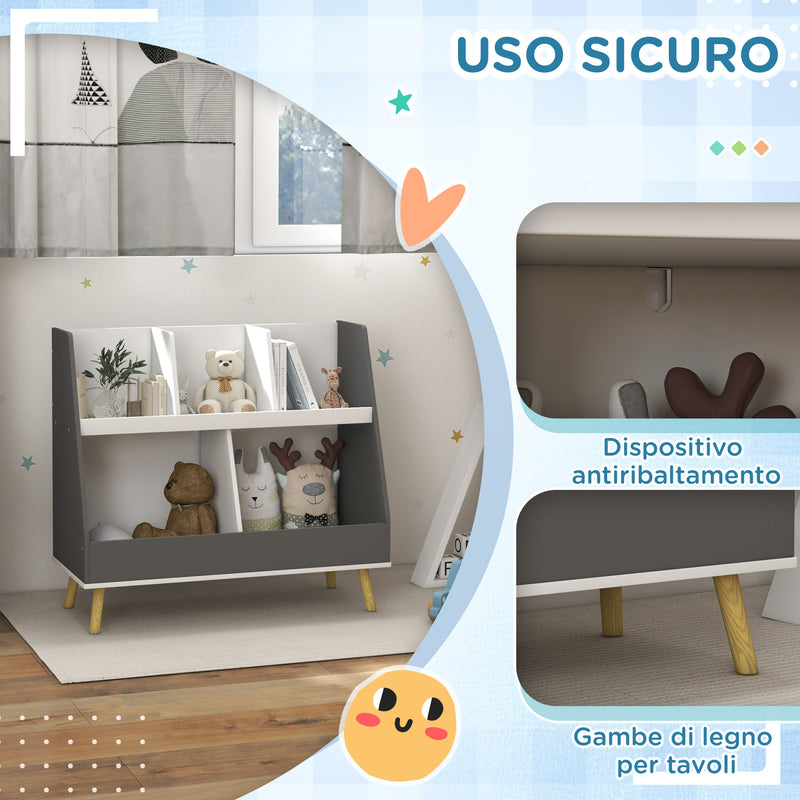 Mobile Portagiochi per Bambini a 2 Livelli con 5 Scomparti 80x34x79 cm in Legno Grigio-6