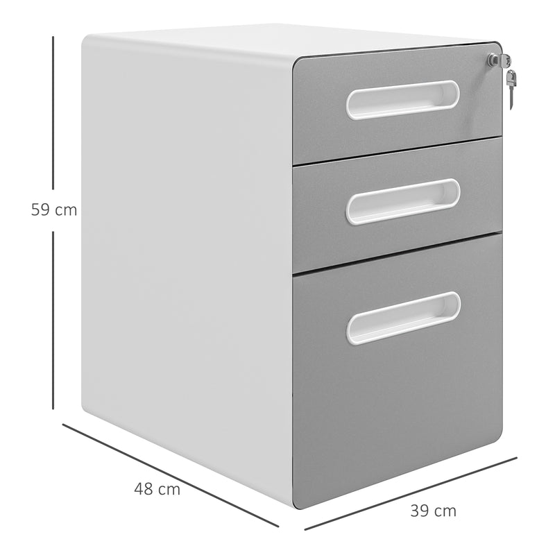 Cassettiera da Ufficio 3 Cassetti con Serratura Portadocumenti Formato A4 in Acciaio Grigio Chiaro  -3