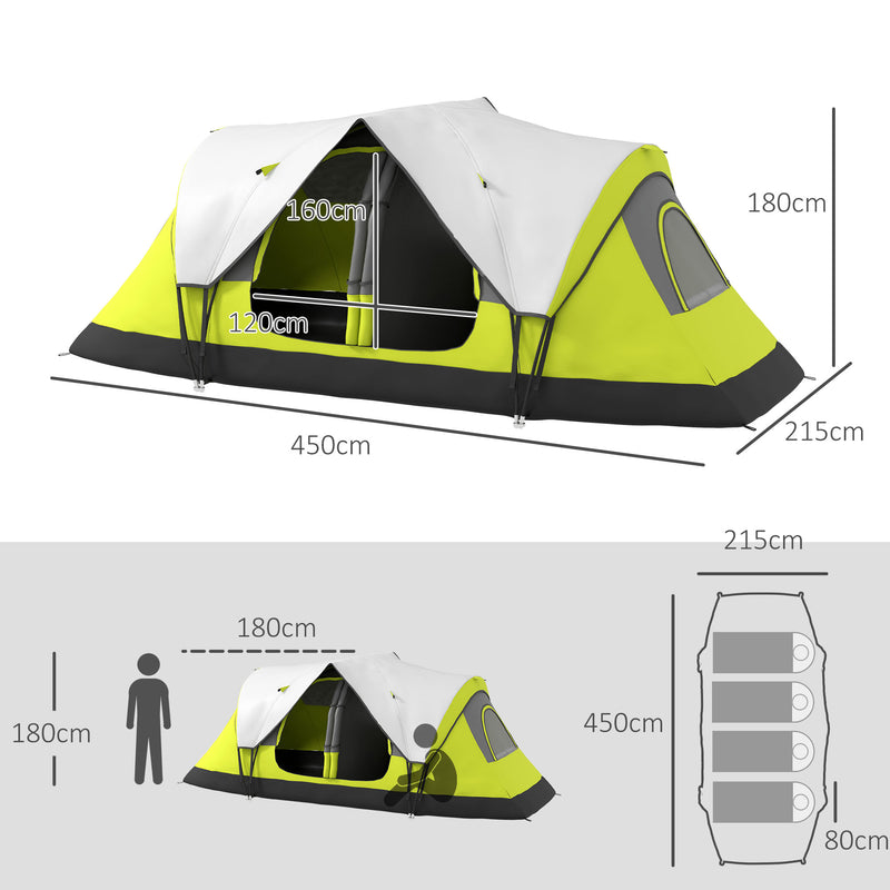 Tenda da Campeggio 4 posti con 2 Spazi Separati 450x215Px180 cm in Poliestere e Fibra di Vetro Verde-3