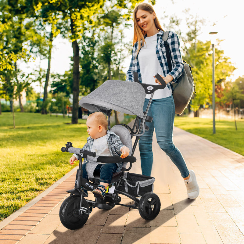 Triciclo per Bambini con Maniglione 6 in 1 Tettuccio Regolabile e Cintura di Sicurezza Grigio-2