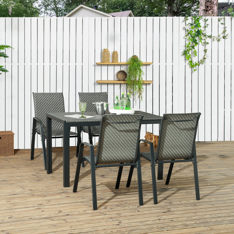 Set Tavolo e 4 Sedie Impilabili da Giardino in Acciaio e Rattan PE Grigio-2