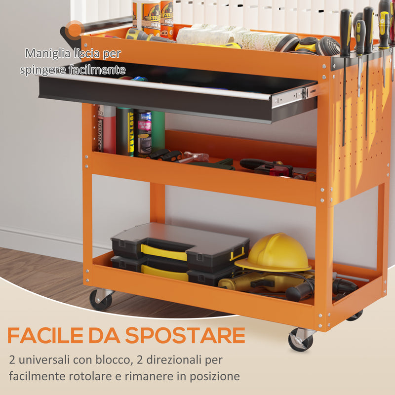 Carrello Porta Attrezzi con Manico Laterale 3 Ripiani e Cassetto 82x35x76 cm in Acciaio Arancione -4