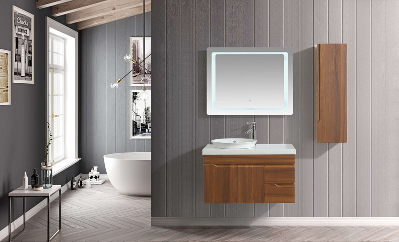 Mobile Bagno Sospeso 90 cm Lavabo Specchio e 1 Pensile Vorich Las Vegas Rovere-2