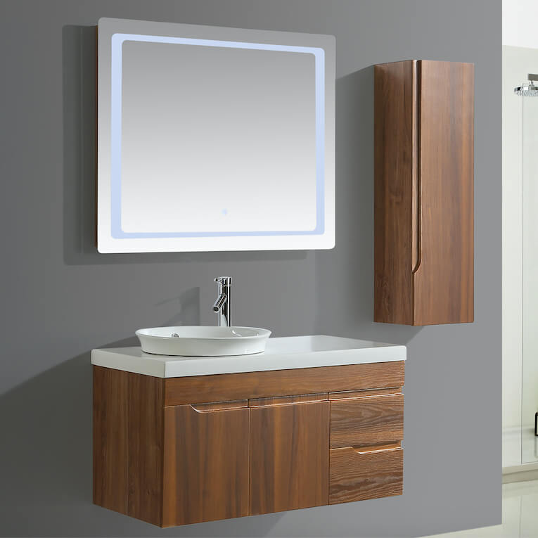 Mobile Bagno Sospeso 100 cm Lavabo Specchio e 1 Pensile Vorich Las Vegas Rovere-4