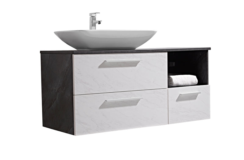 Mobile Bagno Sospeso 120 cm Lavabo e Specchio London Bianco Effetto Pietra-5