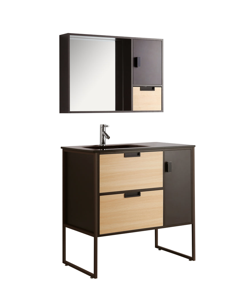 Mobile Bagno Sospeso 90 cm Lavabo e Specchio Cartesio Marrone-1