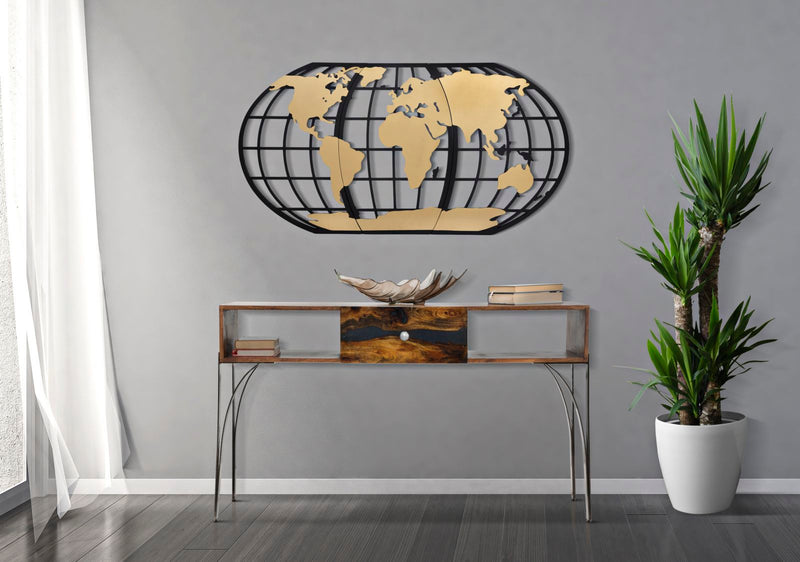 Pannello World Glam 133x3,5x70 cm in Ferro Nero e Oro-6