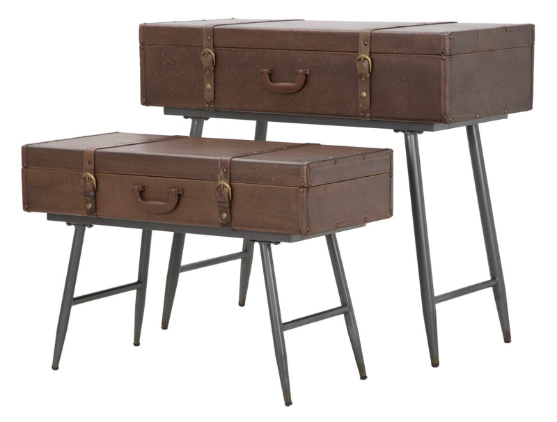 Console Travel Coppia con Contenitore 90x40x78,5-80x35x53,5 cm Legno e Ferro e PU Marrone-5