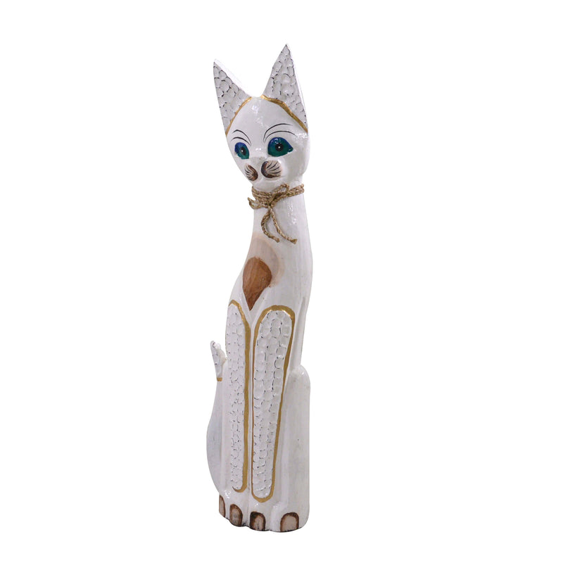 Statuina Gatto in legno bianco beige cm 13x5xh60-1