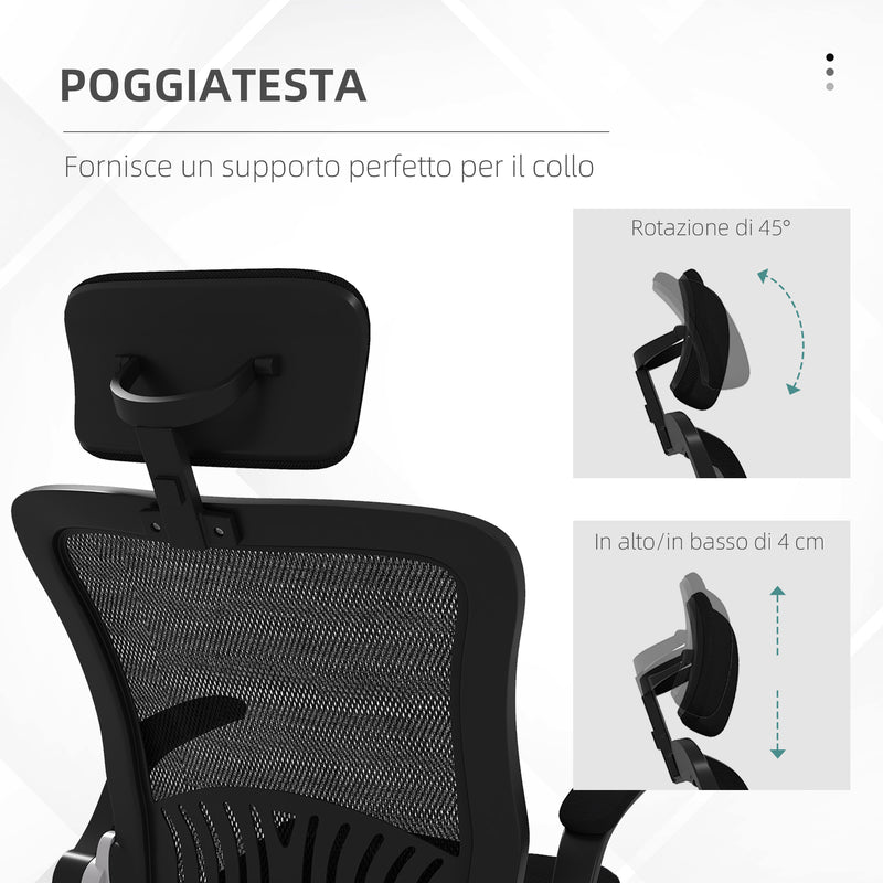 Sedia Poltrona Direzionale da Ufficio 66x69x116-126 cm Braccioli Ribaltabili in Tessuto a Rete Nero-7