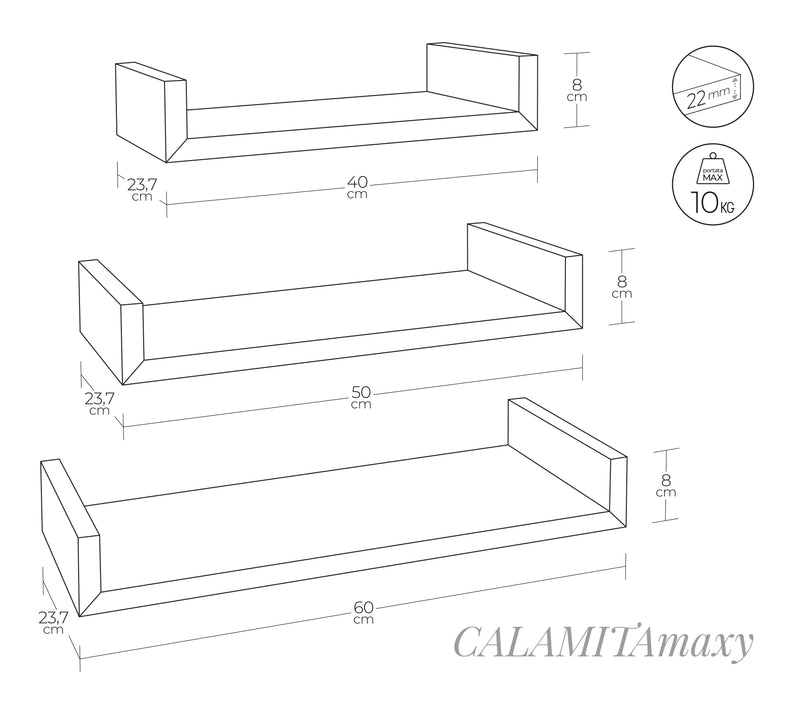 Set 3 Mensole da Parete 60-50-40x23,7x8 cm in Fibra di Legno Calamita Maxi  Rovere Scuro-5