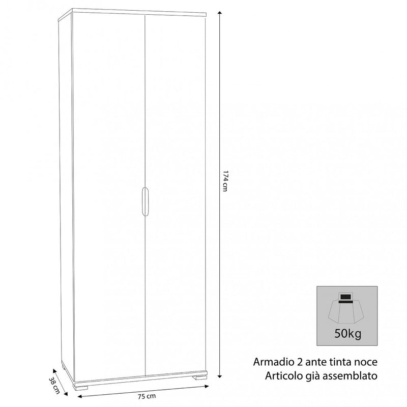 Armadio 2 Ante 75x38x174 h cm in Truciolare bilaminato Marrone chiaro-3