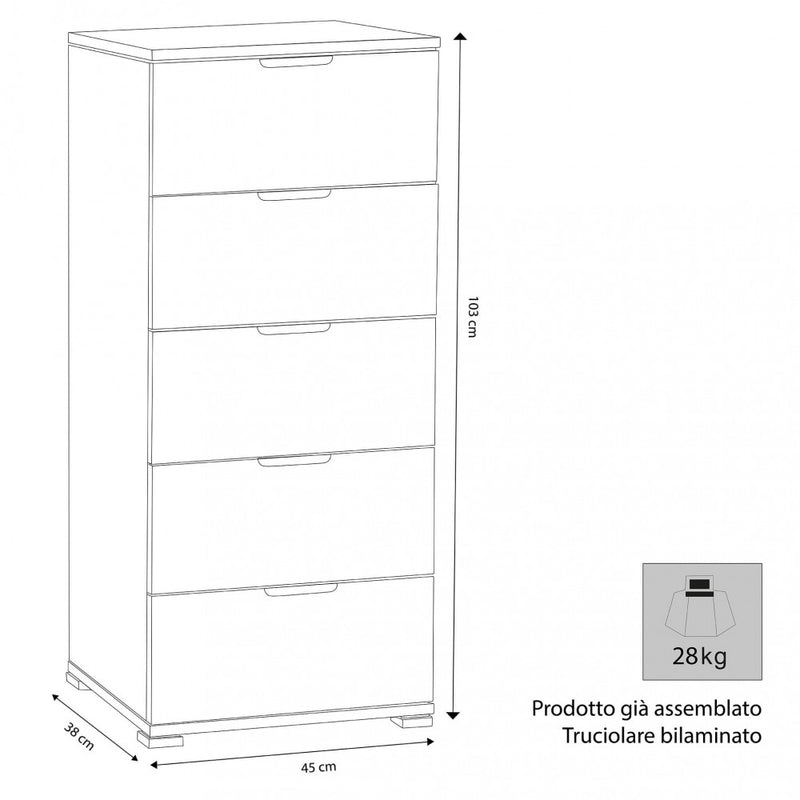 Mobiletto 5 Cassetti Bianca 45x38x103 h cm in Truciolare bilaminato Bianco-3