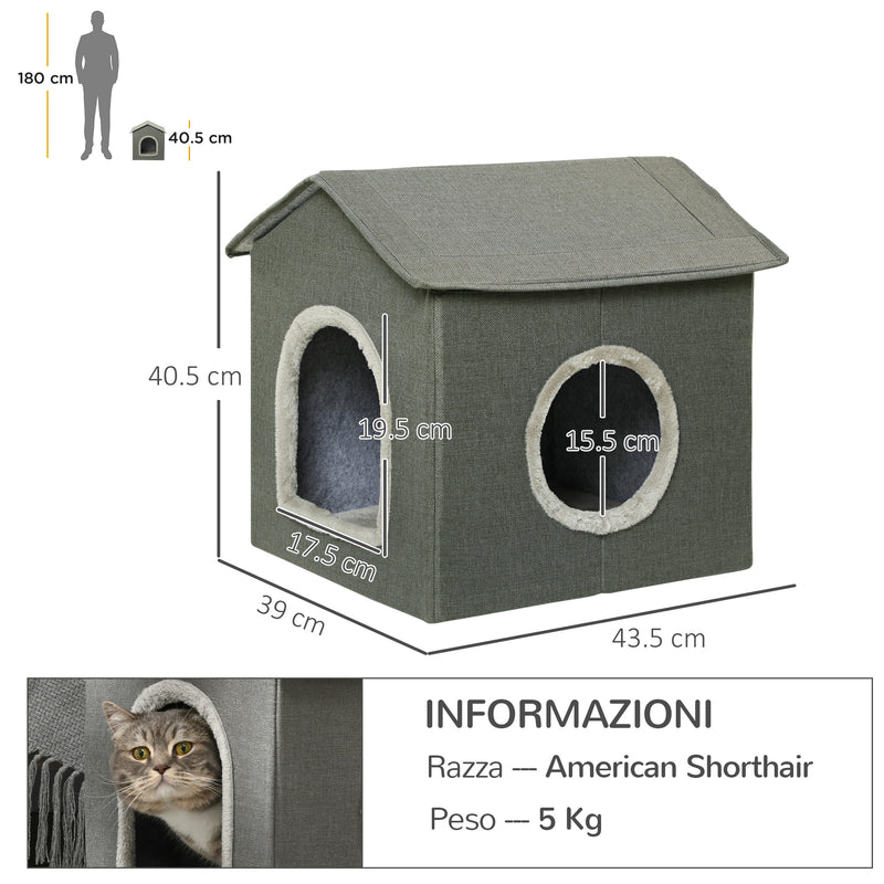 Casetta per Gatti 39x43,5x40,5 cm  2 Entrate con Cuscini Verde-3