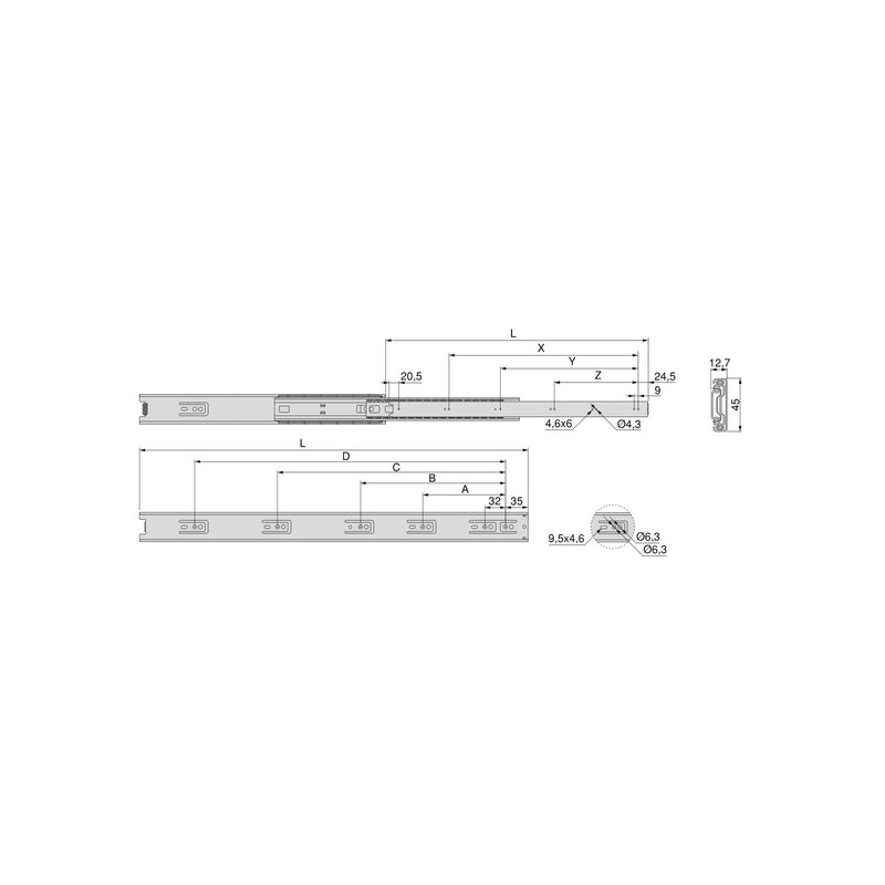 Kit Guide per Cassetti a Sfera 45 x 300 mm Estrazione Totale Zincato 5 Pezzi Emuca-2