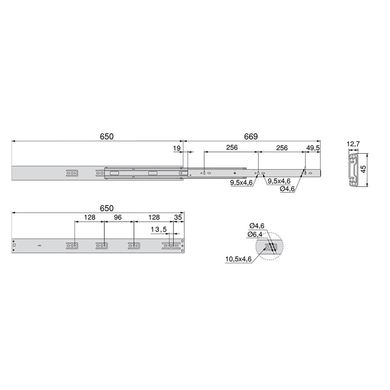 Guide a Sfere per Cassetti con Estrazione Totale H45 mm L650 Zincato Bianco Acciaio Emuca-2