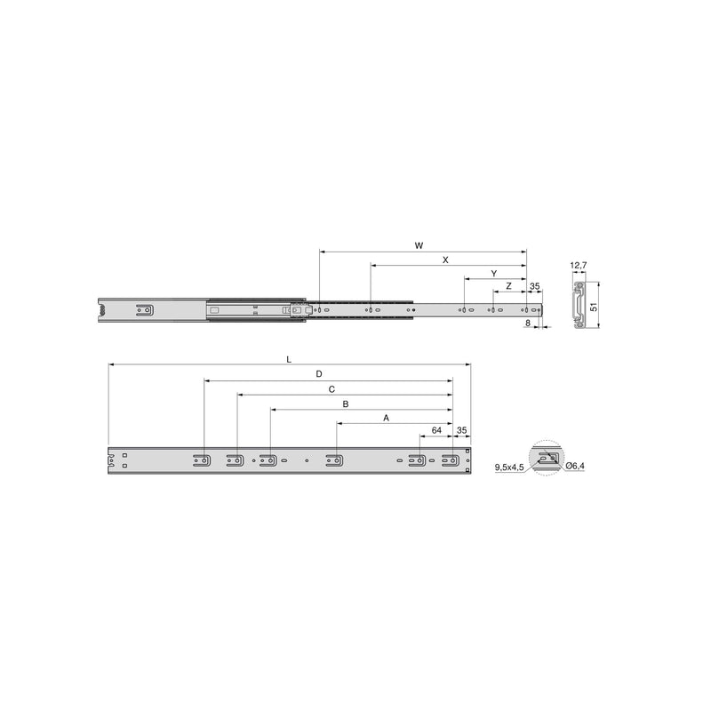 Set 4 Guide a Sfera per Cassetti H 51 mm in Acciaio Zincato Emuca