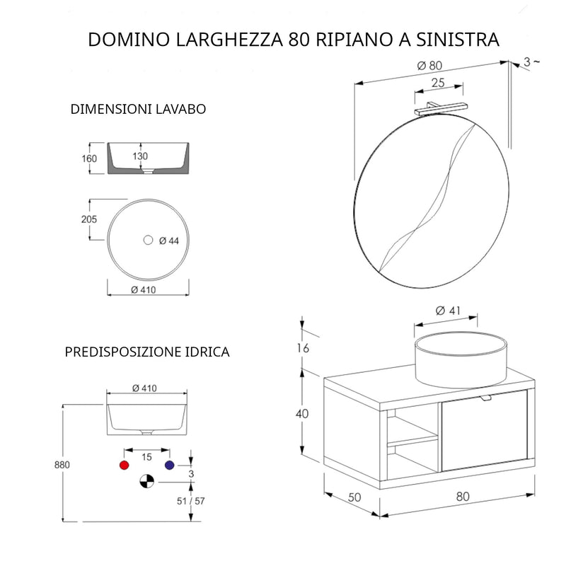 Mobile Bagno Sospeso 80 cm Lavabo e Specchio Bonussi Orione Grigio Effetto Cemento-4