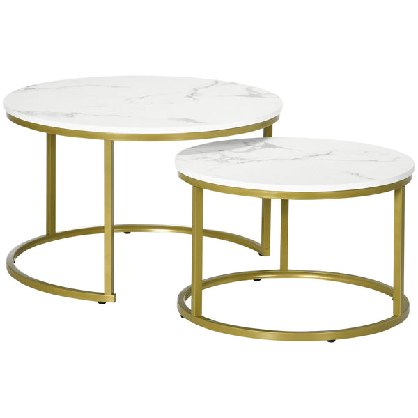 prezzo Set 2 Tavolini Impilabili con Piano Rotondo in Acciaio e Truciolato Bianco e Oro