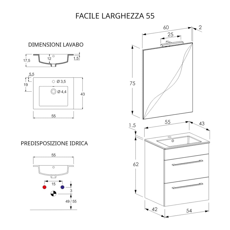 Mobile Bagno Sospeso 55 cm Lavabo e Specchio Bonussi Tucano Olmo Bianco-4