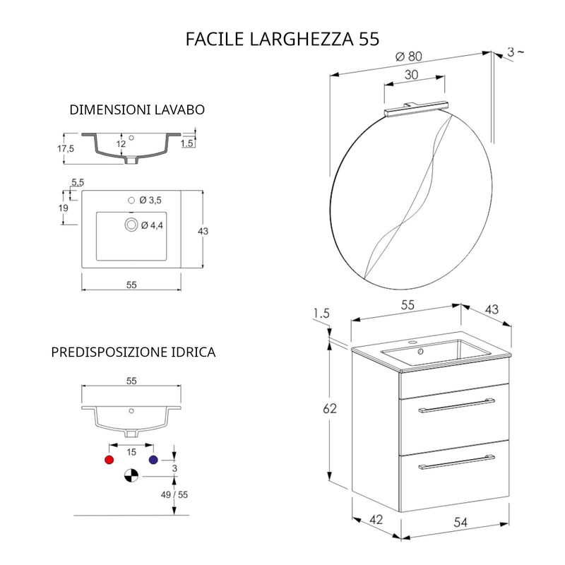 Mobile Bagno Sospeso 55 cm Lavabo e Specchio Bonussi Tucano Cemento Effetto Legno-4