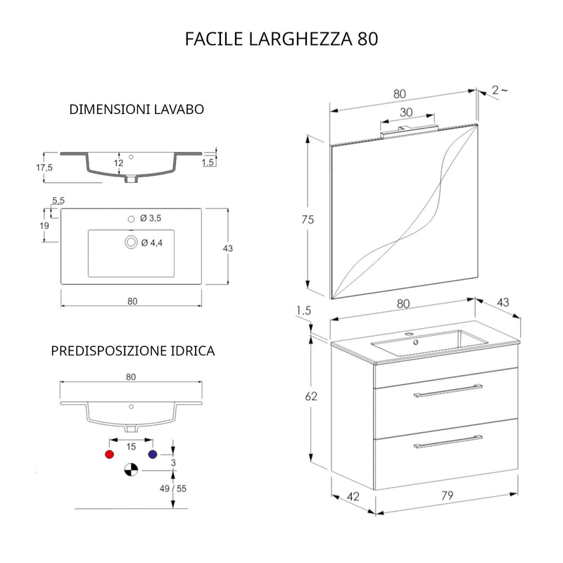 Mobile Bagno Sospeso 80 cm Lavabo e Specchio Bonussi Tucano Grigio-4