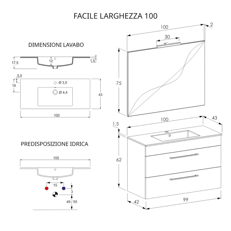 Mobile Bagno Sospeso 100 cm Lavabo e Specchio Bonussi Tucano Olmo Bianco e Lava-4